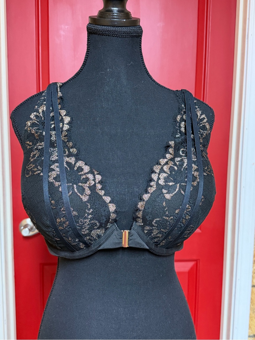Cacique Black Lace Front-Clasp Balconette Bra with Gold Accent